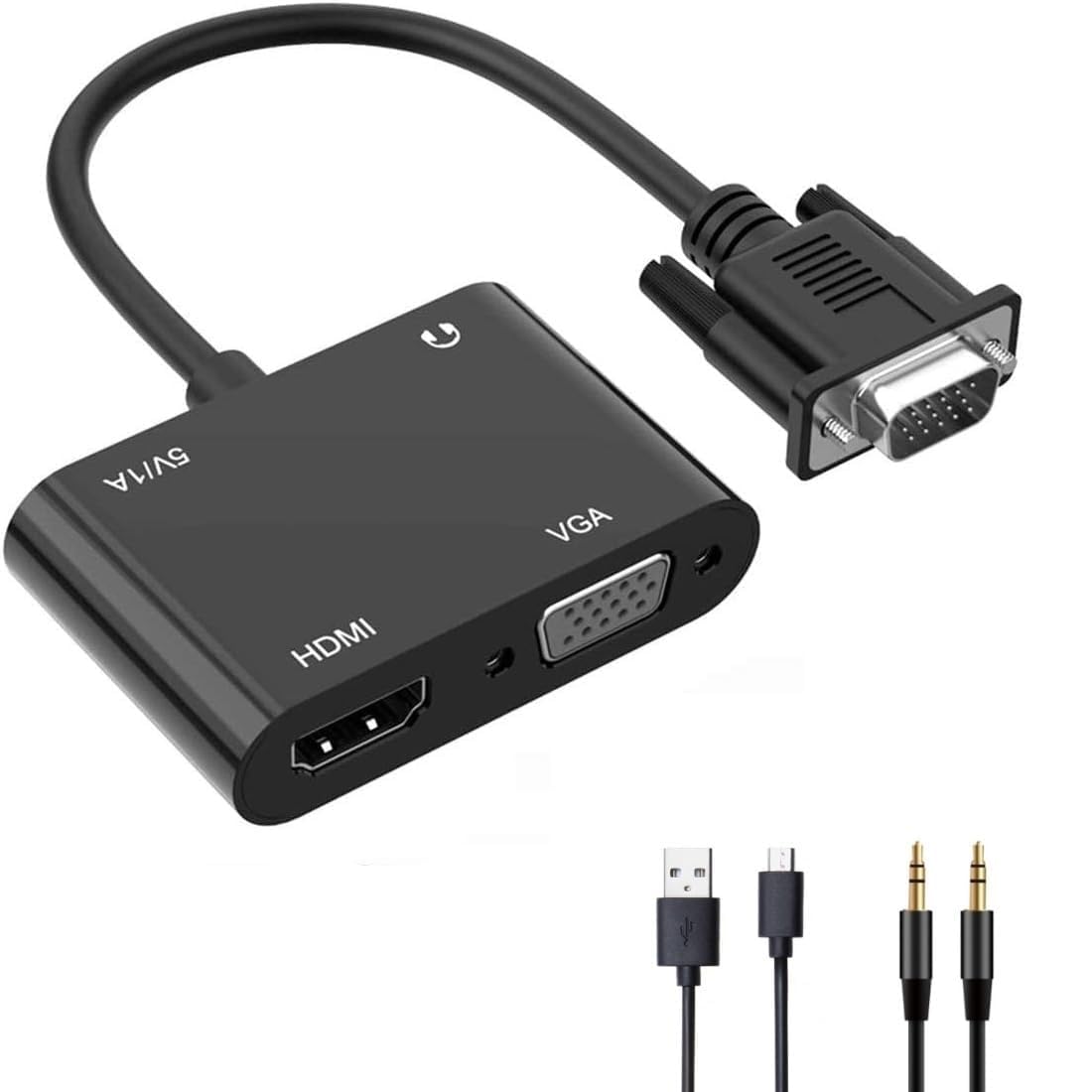 WJBCNEENT VGA to HDMI VGA Audio Video Cable Adapter Converter Splitter with 3.5mm Audio USB Power for 2 Monitors, Computer, Desktop, Laptop, PC, Projector, HDTV 1080P, Plug and Play