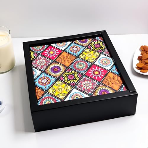 Image of wooden Dry fruit box Multipurpose 4 Section Handcrafted Large Size Square Dry Fruit Box for Diwali Gift, Food Storage, Spice Box AHS-DB0150