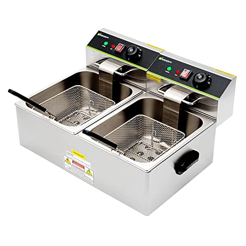 Restaurantware Hi Tek 20 Pound Dual Tank Deep Fryer 1 Heavy-Duty Commercial Fryer - Adjustable Temperature Dial Easy To Clean Stainless Steel Electric Deep Fryer 3500W 120V