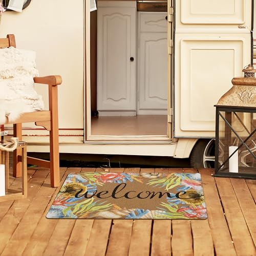 XLDLIOO Beach Coastal Welcome Door Mat, Summer Doormat, Ocean Welcome Front Door Mat Indoor Outdoor Entrance, Beachy Seashell Artificial Coir Doormats Rugs for Patio Entry Home Decor, 30x17in - Image 4