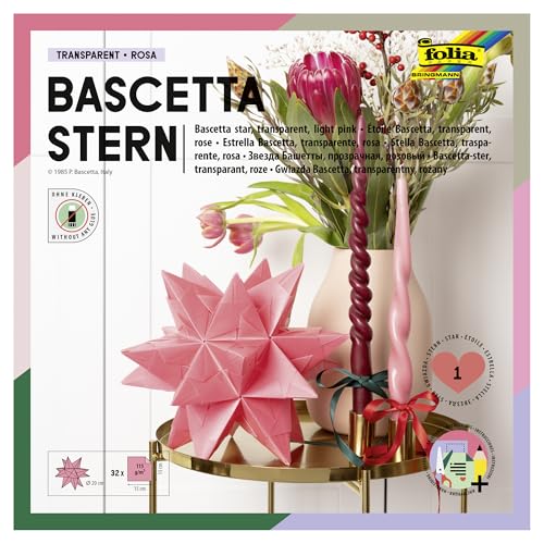 folia 826/1515 - Bastelset Bascetta Stern Transparent rosa 15 x 15 cm 32 Blatt fertige Größe des Papiersterns ca. 20 cm mit ausführlicher Anleitung - ideal zur zeitlosen Dekoration