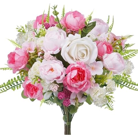 MHMJON Peony Artificial Flowers - Mixed Silk Rose Bouquet Faux Flowers Indoor Spring Silk Floral Arrangements for Valentine's Day Decorations Home Table Wedding Centerpieces Outdoor Cover