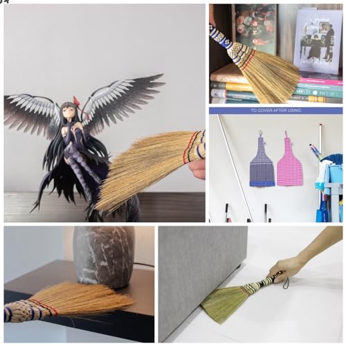 Image of (Tiny Size) 11 inch Short of Asian Whisk Broom Thai Natural Straw Broom with Embroidery Nylon Thread Handle with Nylon Hanger