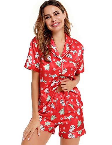 Image of SWOMOG Womens Silk Satin Pajamas Set Short Sleeve Sleepwear Button Down Top and Shorts Loungewear 2 Piece Pjs Set XS-3XL