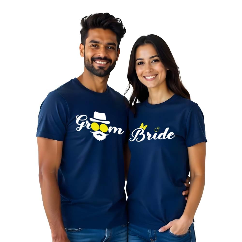 Couple T Shirts for Couple Pre-Wedding Tshirts for Couple Matching Dress-Couple Tshirt Combo- Regular Fit Cotton Round Neck Half Sleeve (cus-Couple-Bridegroom)