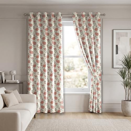 Image of LINENWALAS Printed Blackout Curtains for 5 Feet Window | Set of 2 | Floral Printed Drapes | Thermal Insulated, Room Darkening Panels with Grommet Hanging for Living Room (Peach Bloom)