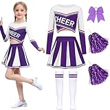 Luckyou Cheerleader Kostüm Kinder Langarm Cheerleader Mädchen mit Pompoms Socken Cheerleading Outfit Kinder für Karneval Halloween Sportfest Lila-160