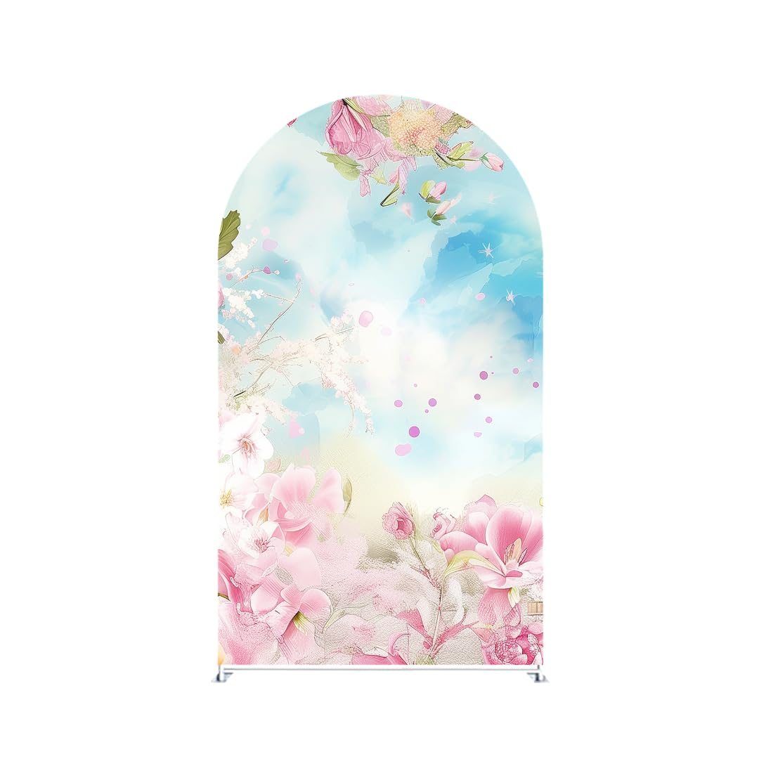 Iydamc Pink Flower Arched Stretchy Fabric Covers Castle Fairy Tale Theme Arch Stand Backdrop Covers for Princess Birthday Party Decorations Supplies (