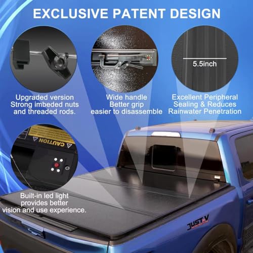 Image of Just-V Hard Tri-Fold Truck Bed Tonneau Cover for Nissan Frontier 2005-2025 Only Fit Crew Cab 5FT Bed, Upgrade Solid FRP Textured Black, Requires Bracket