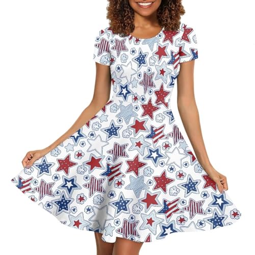 Image of HUGS IDEA Womens Puffy Swing Midi Dress Round Neck Short Sleeve Party A-Line Dresses