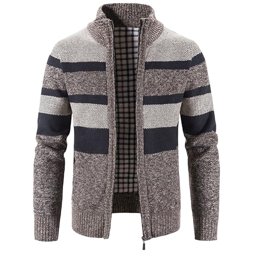 Men's Casual Knitted Stand Collar Sweater Full Zip Cardigan Knitted Sweater Relaxed Fit Stripe Print Sweaters