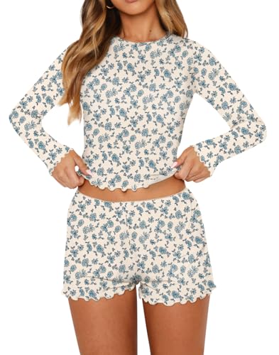 Image of Lacozy Cute Pajama Sets for Women 2 Piece Floral Print Fall Pj Set Woman Long Sleeve Crop Top and Short Y2K Sleep Set