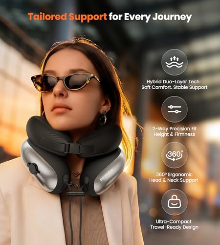 Image of Neck Pillow for Traveling, Travel Pillows for Airplanes, Adjustable Neck Pillow Airplane Travel Essentials - 2 Layer Patented | Inflatable Air Loop & Memory Foam for 360 Ergonomic Support