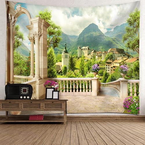 Tapisserie murale nordique 200x200cm motif paysage montagnes et village