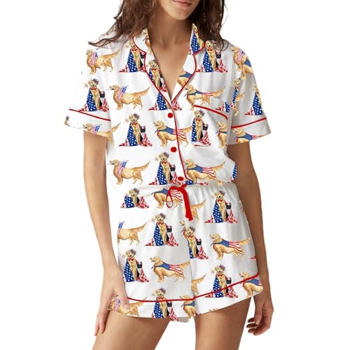 Image of Argeousgor Women 4th Of July Pajama Sets American Flag Short Sleeve Shirt and Shorts 2 Piece Independence Day Pajamas Set