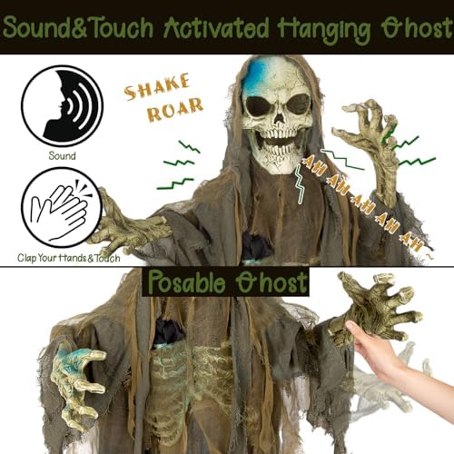 51JVyQZRNyL._AC_ 72" Animatronics Standing Skeleton with Sound & Touch Activated Luminous Eyes, Scary Sounds, Movement, Life-Size Halloween Decoration for Haunted House Props, Indoor/Outdoor, Lawn,