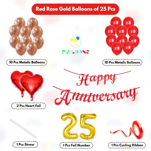 Image of Flyloons 25th Happy Anniversary Decoration Items Red Rose Gold for Men Women Husband Wife Mom Dad Couple Bedroom Car With 20 Pcs Metallic Balloons Anniversary Banner 2 Pcs Heart Set Kit Silver Jubilee