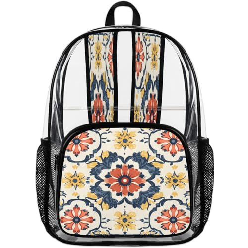 Boho Abstract Colorful Floral Clear Backpack for Stadium Events, Vintage Flowers Waterproof Clear Bag for Women Men Adult Sport Work Daily Music Festival and Concerts4