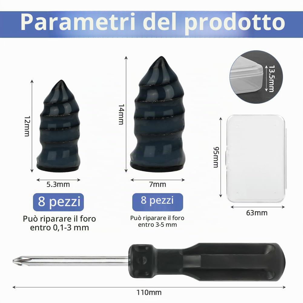 Chiodo in Gomma per Riparazione Pneumatici con Cacciavite, 16 Pezzi Chiodo per Riparazione Pneumatici Sottovuoto, Kit Riparazione Pneumatici in Gomma, per Auto, Moto, Camion e Bici (8 S+8 L)