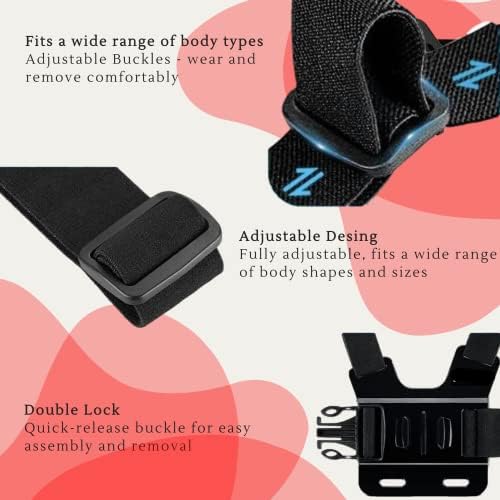 MiPremium Chest Mount Harness Compatible with GoPro Hero 7 6 5 4 3 3+ 2 1 Fusion Session Black Silver & AKASO EK7000 Sjcam Sports Cameras Adjustable Body Strap + Jhook & Aluminum Thumbscrew Accessory