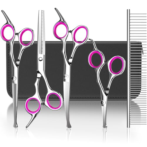 Pawaboo Hundepflege Schere Set, 5 Stück Professionelle Hundesalon Schere Kämmen Fellschere mit Runder Sicherheitspitze für Haustiere Hunde Katze Effilierschere Haarpflege Fellpflege Schneiden - Rosa