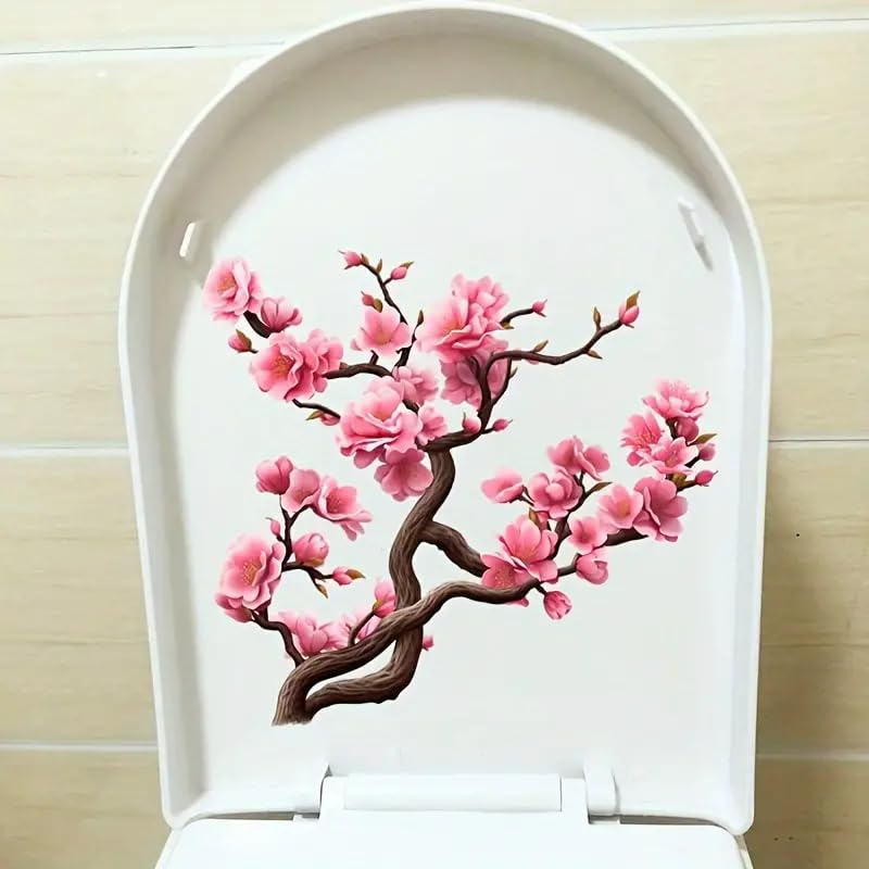 Cherry Blossom Toilet Cover Sticker Decals,Fish Bird Flower Leaf Waterproof Toilet Lid Tank Seat Decals Cistern Self-Adhesive Bathroom Wall Sticker