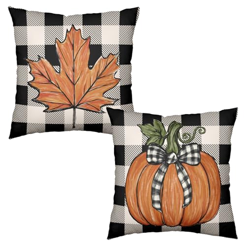 Wnoesat Fall Outdoor Throw Pillow Covers 18x18 Set of 2 Orange Pumpkin Maple Leaves Buffalo Plaid Autumn Decorative Pillow Cases Farmhouse Thanksgiving Cushion Cases for Couch Sofa