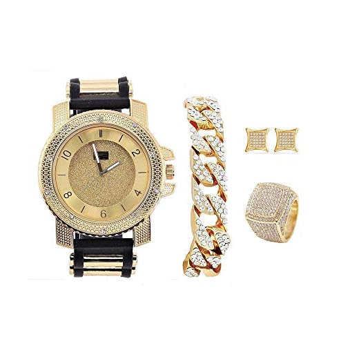 Bling-ed Out It's Lit! Hip Hop Watch & Jewerly Set w/Cuban Chain Bracelet, Kite Bling Earrings & Ring - GJM13 (10, Gold)