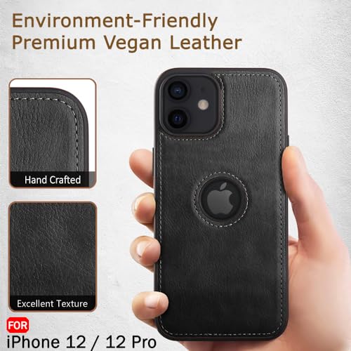 Image of TheGiftKart Genuine Leather Finish Back Cover Case for iPhone 12 /12 Pro | Shockproof Design | Raised Edges for Camera & Screen Protection | Stunning Minimalist Design Case Cover (Black Sides, Black)