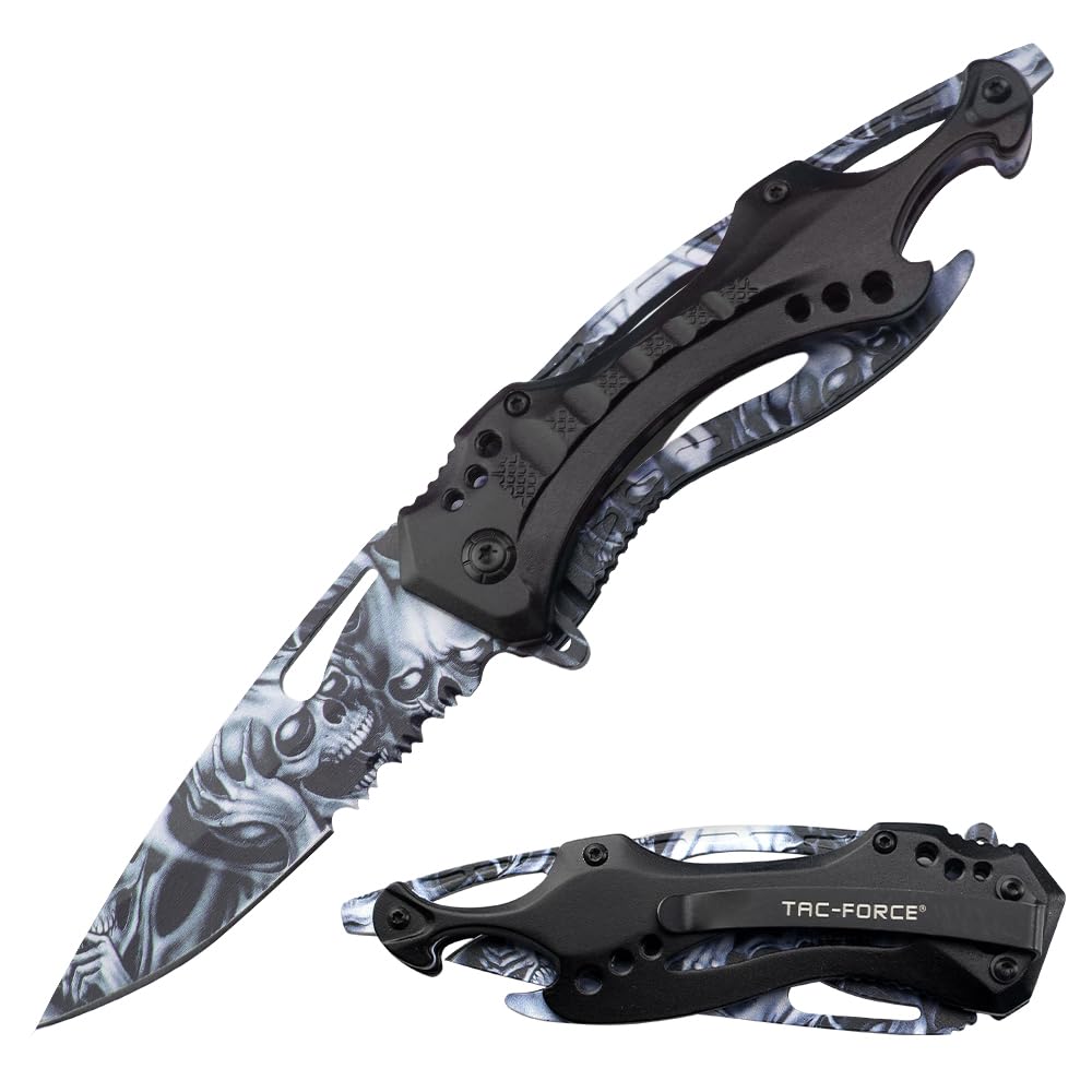Tac-Force Folding Pocket Knife, 3.25 inch Half Serrated Blade, 7.75 inch Overall, Black Aluminum Handle, Pocket Clip, EDC, TF-705DSB