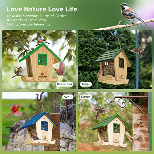 Kingsyard Farmhouse Bird Feeder, Hanging Birdfeeder With 2 Landing Trays, Large Capacity 5 Lbs, Durable & Weatherproof, Light Green #TOP3