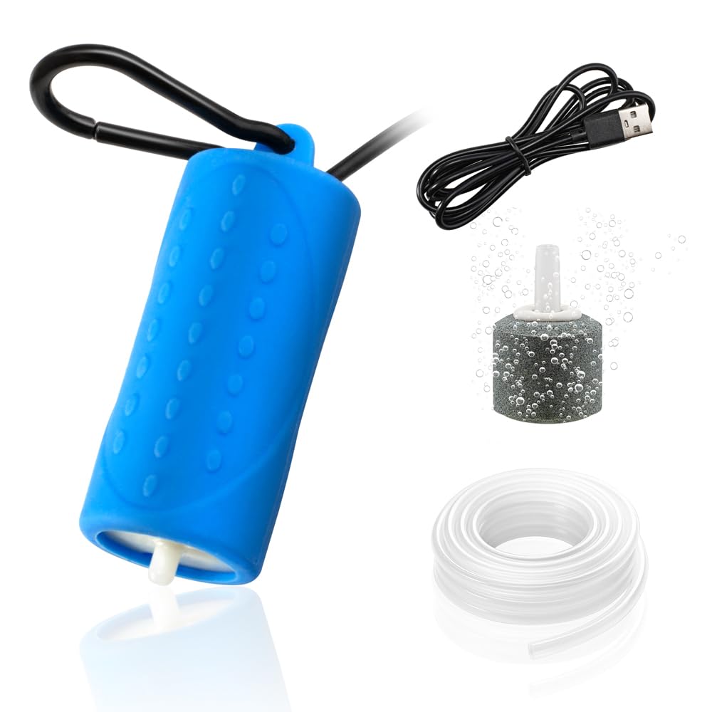 DaToo Mini bomba de aire USB para acuario, ultra silenciosa, bomba de aire con cierre negro para colgar, bomba aireadora de oxígeno portátil para acuario, incluye tubo de aerolínea y piedra de aire