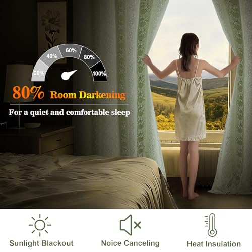 Image of Yinhua Double Layer Blackout Curtains for Bedroom Green Curtains for Living Room 63 Inch Length 2 Panels Set Kid Curtain with Tiebacks, Grommet Drapes with Floral Sheer Overlay, 52 inch W x 63 inch L