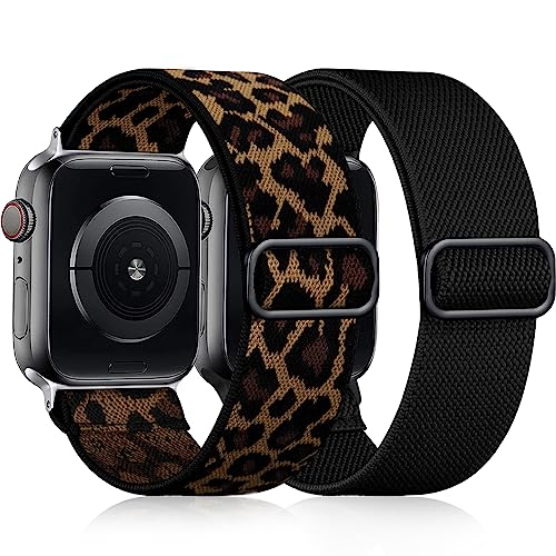 Easuny Elastisches Armand Kompatibel mit Apple Watch Armband 38mm 40mm 41mm 42mm, Verstellbares Weiches Nylon Band für iWatch Series 11 10 9 8 7 6 5 4 3 2 1 SE Ultra für Frauen Männer, Schwarz/Leopard