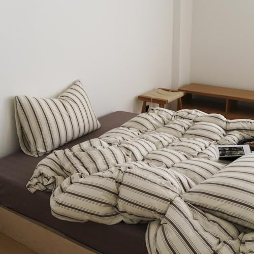 Image of Brown Striped Duvet Cover Twin Size Beige Brown Strips Duvet Cover Set Vintage Retro Vertical Striped Soft Lightweight Microfiber Bedding Set with Zipper Closure and 1 Pillowcase