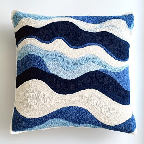 DIY Punch Needle Pillow Kit Seaside Beach and Sea Waves with Pattern and Hoop Handmade Embroidery...