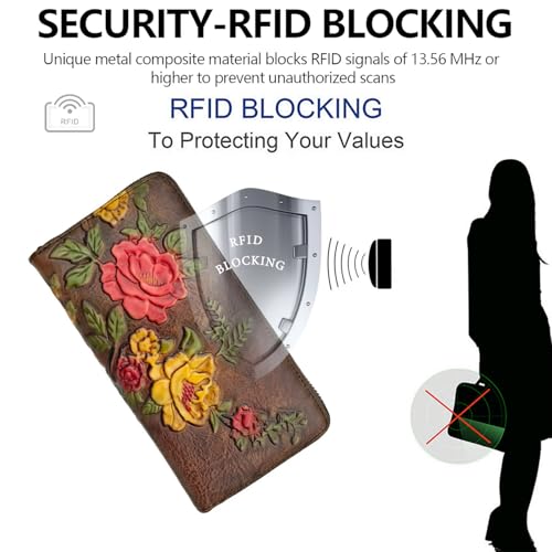 Image of Wallet Genuine Leather for Women - with RFID Blocking Card checkbook ID Slot Large Capacity Vintage style (rose coffee)