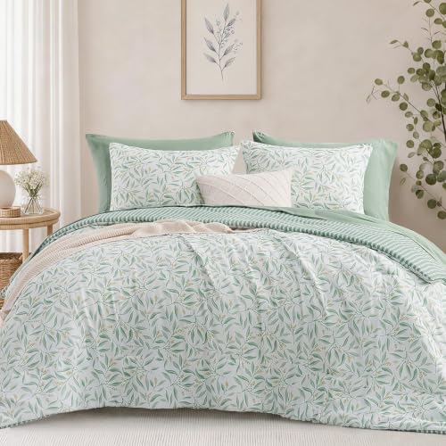 Image of Monbix Full Size Comforter Sets - 7 Pieces Floral Reversible Bed in a Bag | Botanical Bedding Set with Sheets, Pillowcases & Shams for All Seasons, Green