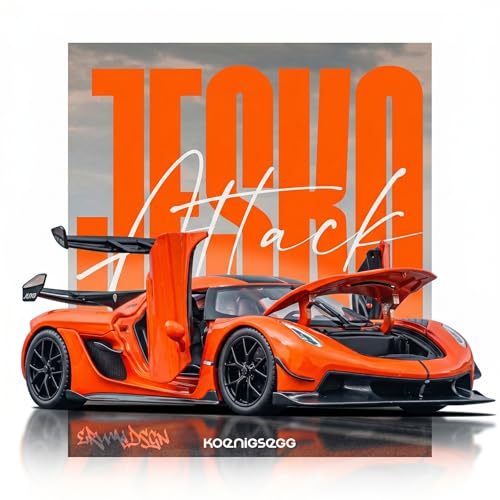 Image of 1:32 Scale Koenigsegg Jesko Model Super Car - Exclusive Alloy Metal Pullback Toy with Openable Doors, Lights, and Music for Kids (Orange)