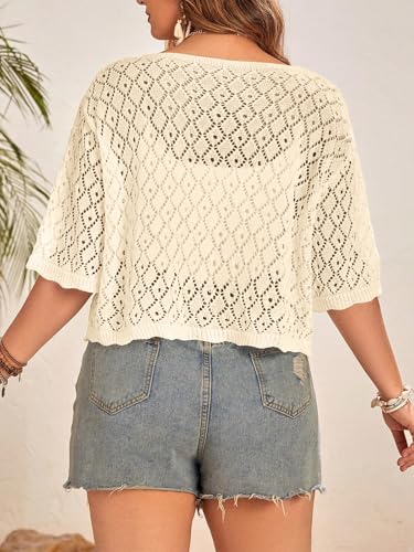 Image of Women's Plus Size Crochet Cardigan Crop Short Sleeves Tie Front Lightweight Knitwear