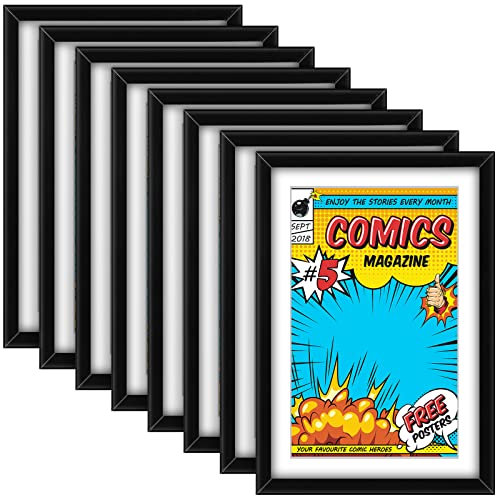 Image of Geetery 8 Pack Comic Book Frame UV Protection Magazine Picture Display Wall Mount Book Fit Current up to 6 3 /4 inch x 10 1 /4 inch Wall or Tabletop Display with Spring Clip Installed Hanger(Black (white Mat))