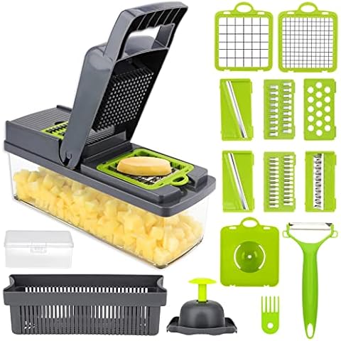 Vegetable Chopper 15-in-1, Kitchen Mandoline Vegetable Slicer with Self-Cleaning Button and 8 Blades, Multifunctional Onion Chopper Vegetable Cutter with Container for Onion Veg Garlic Potato Fruit Cover