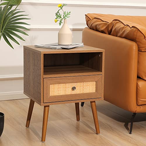Betterhood Rattan Nightstand, Boho Side Table With Handmade Rattan Decorated Drawer, Mid-Century Modern Nightstand With Open Storage Shelf For Bedroom, Living Room, Natural #TOP3