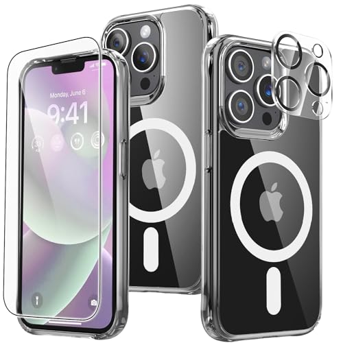 Strong Magnetic for iPhone 13 Pro Case, [Compatible with MagSafe] [Mil-Grade Shockproof] [Anti Yellowing] with Screen Protector & Camera Lens Protector Case for iPhone 13 Pro 6.1 inch - Clea