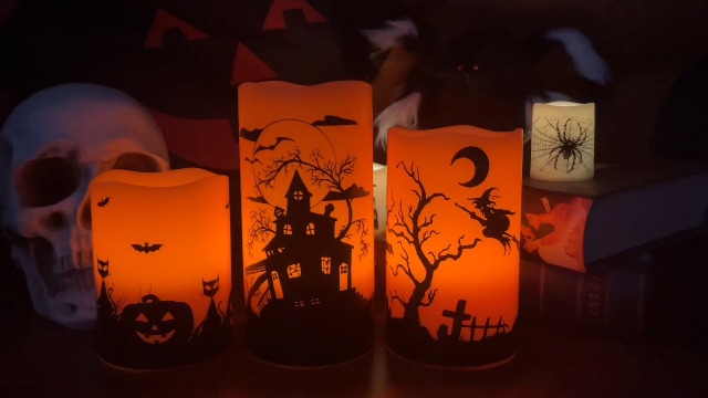 Image of Wondise Halloween Flickering Flameless Candles with 6 Hour Timer, Battery Operated LED Real Wax Candles Set of 3 Halloween Home Decoration Gifts(3 x 4 5 6 Inch)