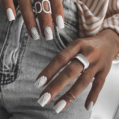 24Pcs Curve Line Press on Nails with Tree Pattern Design, Glossy ...