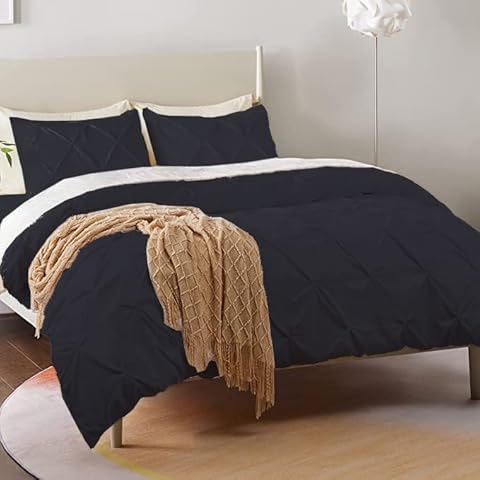 PUZMUG 800 Thread Count Pinch Pleated 1 Piece Duvet Cover 100% Egyptian Cotton with Zipper Closure & Corner Ties Queen/Full Size Ultra Soft Pinch Pleated Duvet Cover - Black Solid Cover