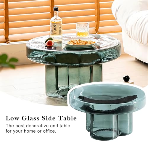 Image of Turq Glass Side Table for Living Room, 19.68 Inches x 12.59 Inches Round End Table with Tempered Glass Top