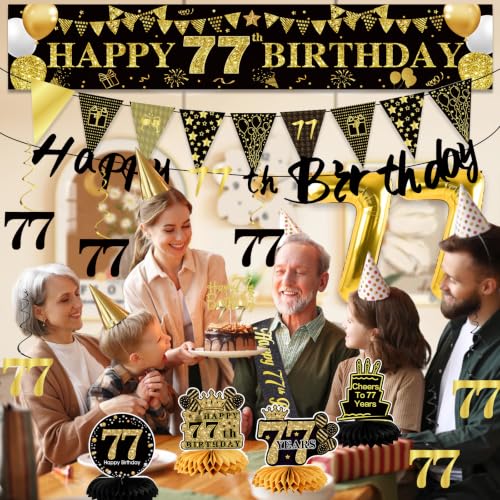Image of 77th Birthday Decorations for Men, Black Gold 77th Party Decoration Kits