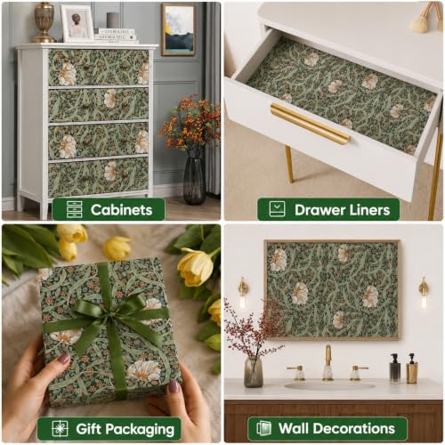 Image of Sage Green Vintage Floral Peel and Stick Wallpaper - Elegant Botanical Self Adhesive Wallpaper Roll for Living Room, Bedroom, Hallway, Accent Wall, Cabinet & Furniture